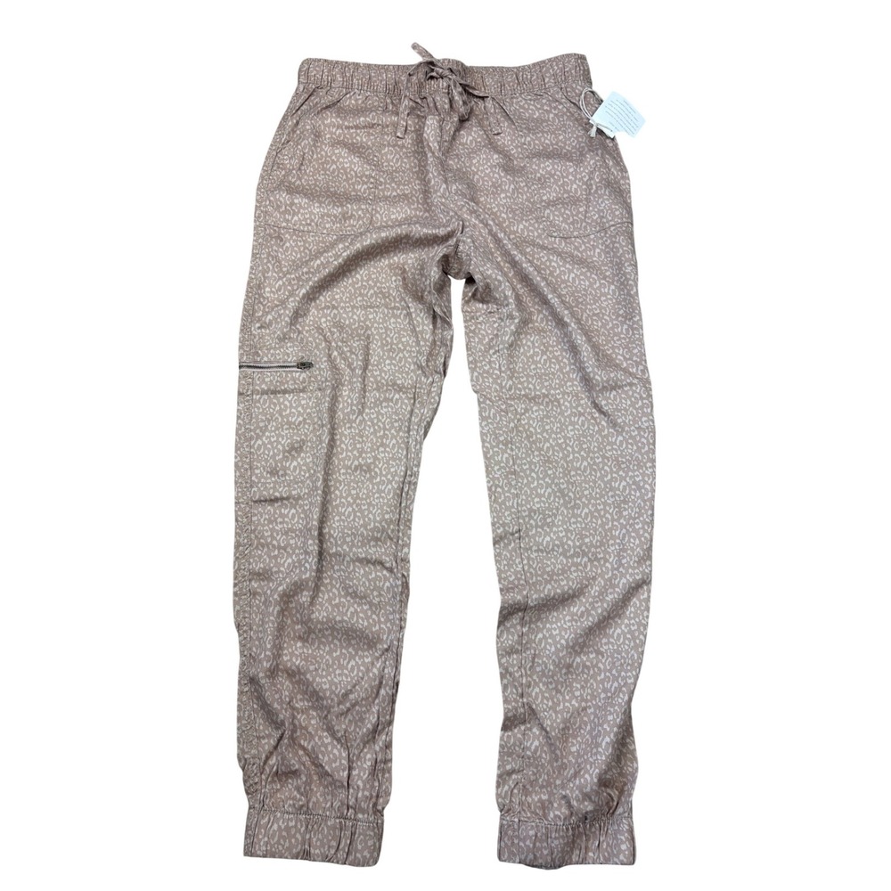 Nicole Miller New York Women Lyocell Joggers Leopard Print Tan Cargo Pants L NWT